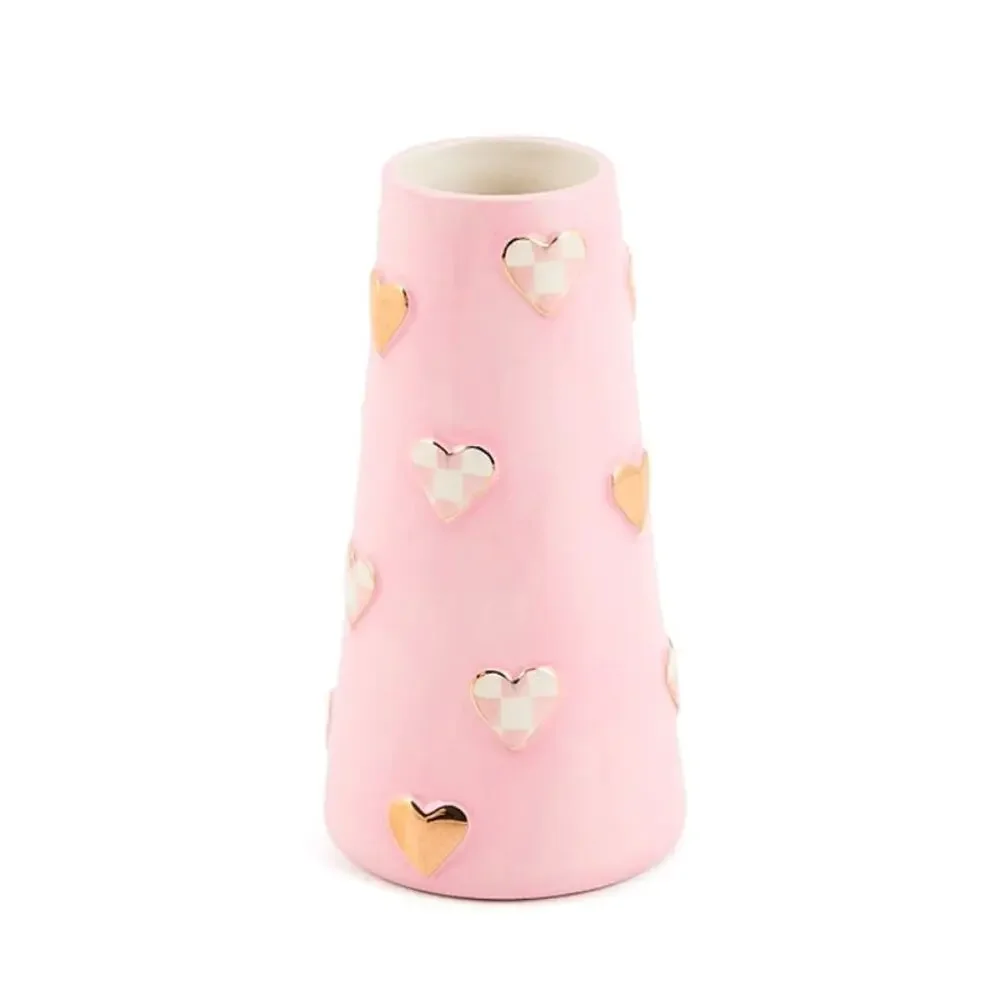 NEW Mackenzie-Childs Rosy Check Short Heart Vase In Original Box